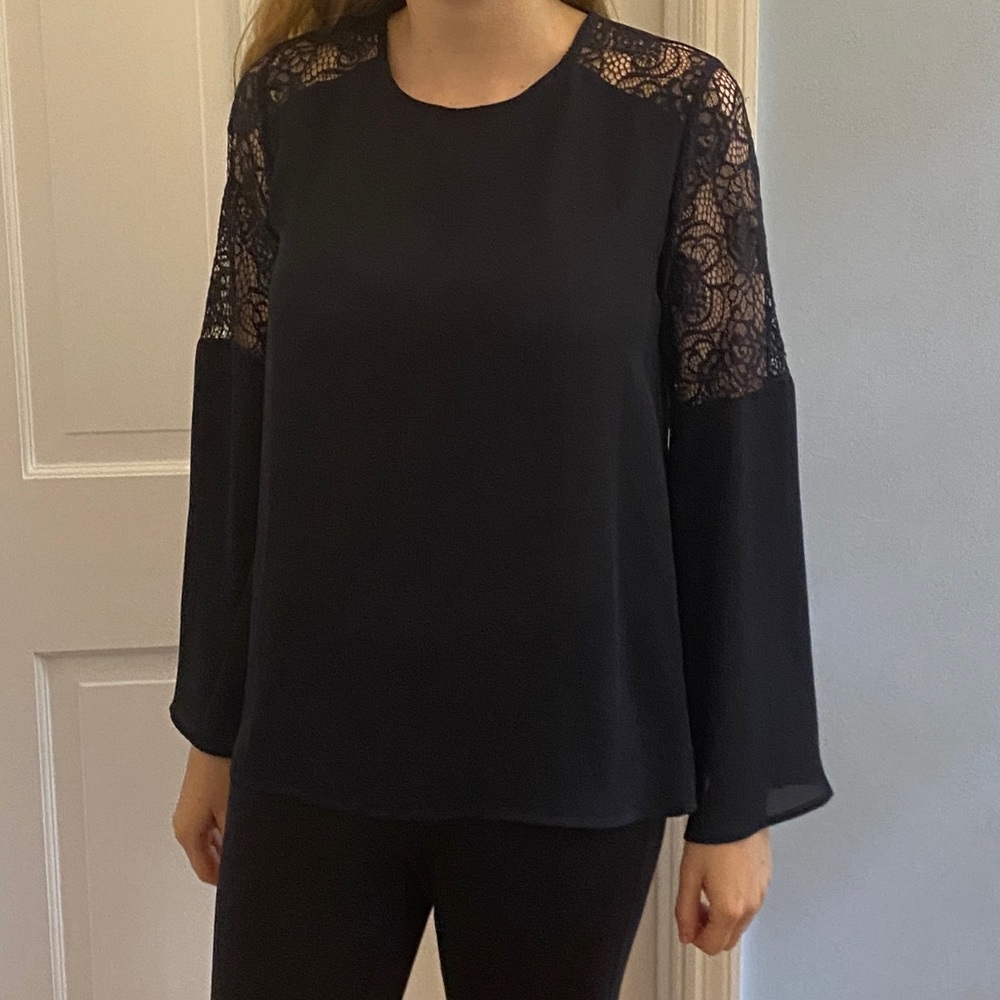 Aqua Navy S Long Sleeve Lace Shirt